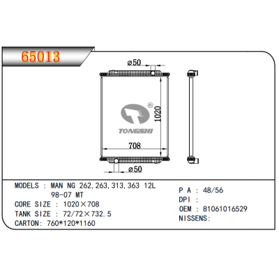 适用于MAN NG 262,263,313,363 12L 98-07 MT 散热器